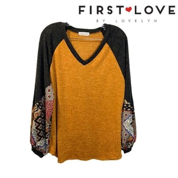 First Love by Lovelyn Women's V- Neck Patchwork Balloon Sleeves Loose‎ Fit shirt - Picture 1 of 5